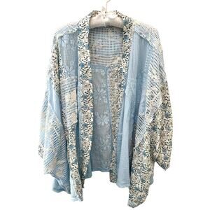 POL | Boho Cottagecore Patchwork Kimono Cardigan Blue Lace Mesh Floral | Large